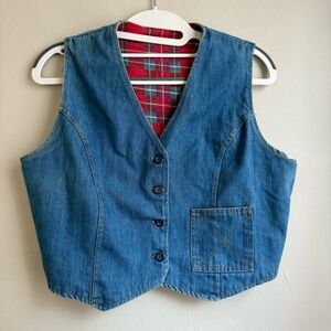 70s Vintage Handmade Reversible Denim and Flannel Plaid Button-Up Vest Size Sm